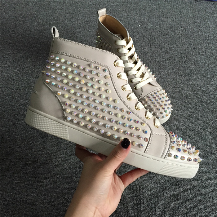 High Quality Christian Louboutin White Ivory Louis Spikes Flat High-Top Sneakers