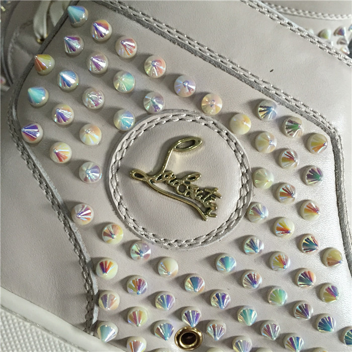 High Quality Christian Louboutin White Ivory Louis Spikes Flat High-Top Sneakers