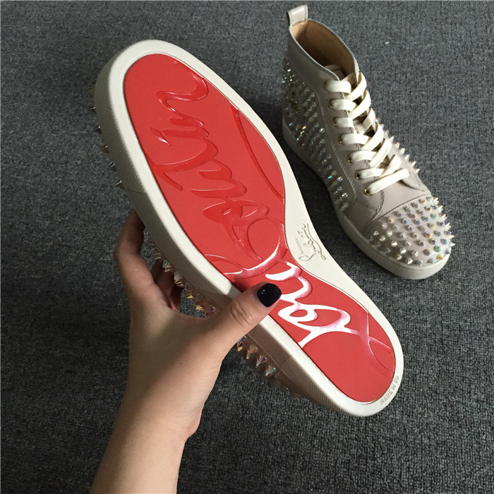 High Quality Christian Louboutin White Ivory Louis Spikes Flat High-Top Sneakers