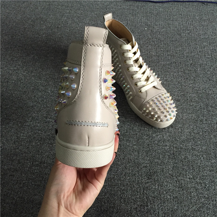 High Quality Christian Louboutin White Ivory Louis Spikes Flat High-Top Sneakers