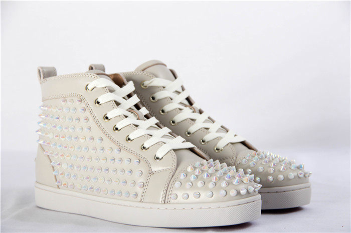 High Quality Christian Louboutin White Ivory Louis Spikes Flat High-Top Sneakers