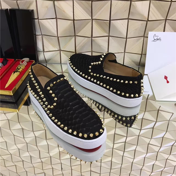 High Quality Christian Louboutin Spikes Python Leather Mens Pik Boat Flat Black Sneakers