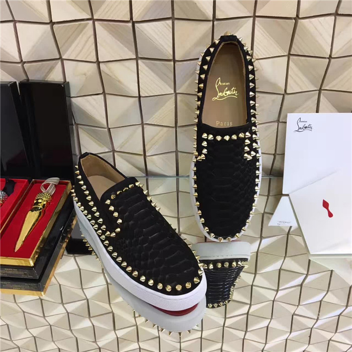 High Quality Christian Louboutin Spikes Python Leather Mens Pik Boat Flat Black Sneakers