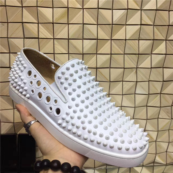 High Quality Christian Louboutin Spikes Holes Boat White Sneakers