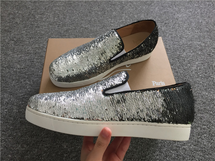 High Quality Christian Louboutin Silver Paillette Boat Man Flat Sneakers