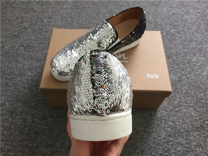 High Quality Christian Louboutin Silver Paillette Boat Man Flat Sneakers