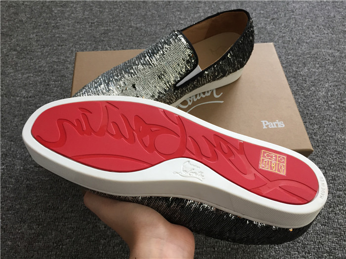High Quality Christian Louboutin Silver Paillette Boat Man Flat Sneakers