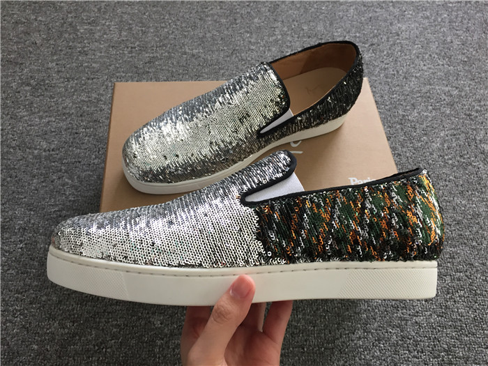 High Quality Christian Louboutin Silver Paillette Boat Man Flat Sneakers