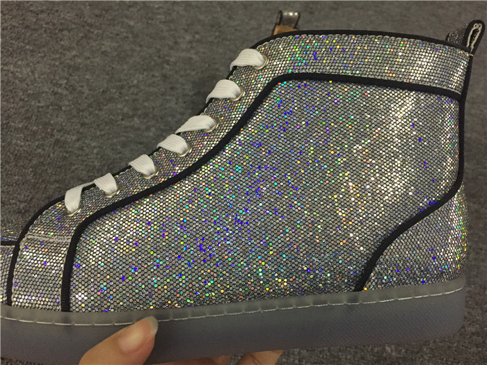 High Quality Christian Louboutin Mens High Top Rantus Orlato Glitter Disco Ball Glitter Sneaker