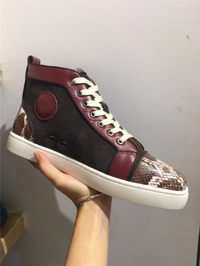 High Quality Christian Louboutin Mens Flat Suede Snakeskin Leather High Top Sneakers