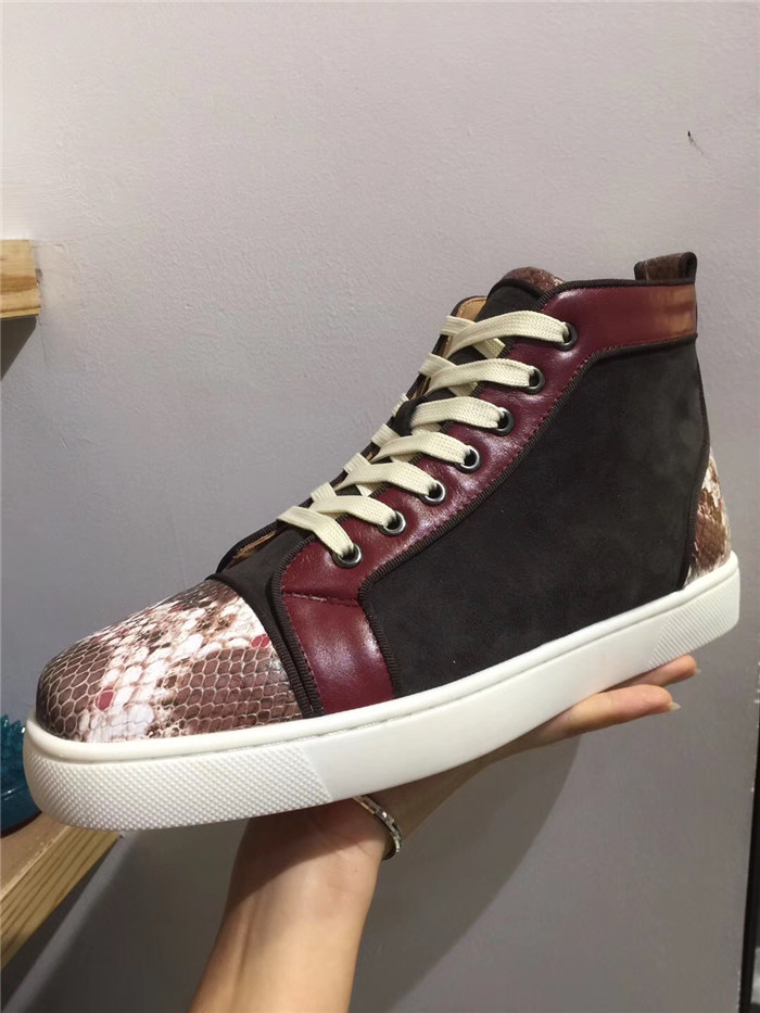 High Quality Christian Louboutin Mens Flat Suede Snakeskin Leather High Top Sneakers