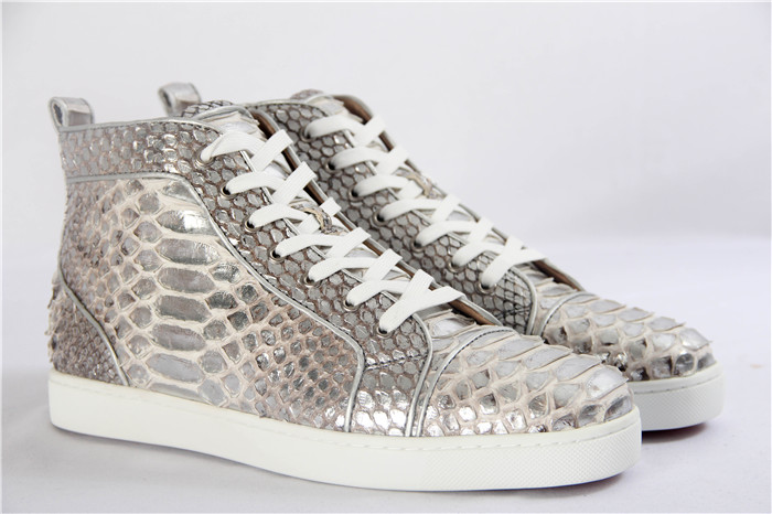 High Quality Christian Louboutin Mens Flat High Top Real Snakeskin Silver Sneaker