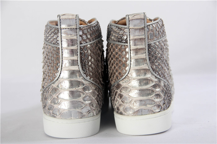 High Quality Christian Louboutin Mens Flat High Top Real Snakeskin Silver Sneaker