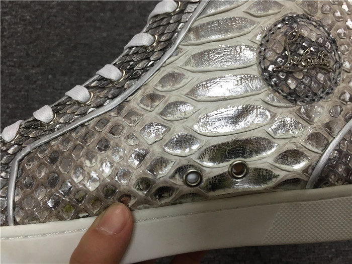 High Quality Christian Louboutin Mens Flat High Top Real Snakeskin Silver Sneaker