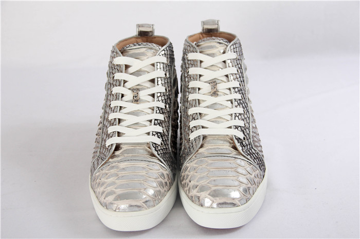 High Quality Christian Louboutin Mens Flat High Top Real Snakeskin Silver Sneaker