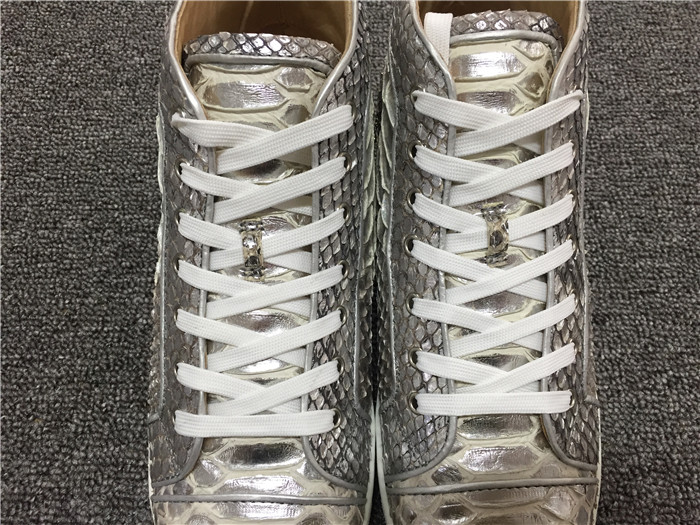 High Quality Christian Louboutin Mens Flat High Top Real Snakeskin Silver Sneaker