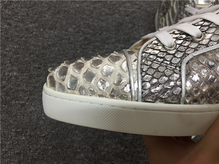 High Quality Christian Louboutin Mens Flat High Top Real Snakeskin Silver Sneaker