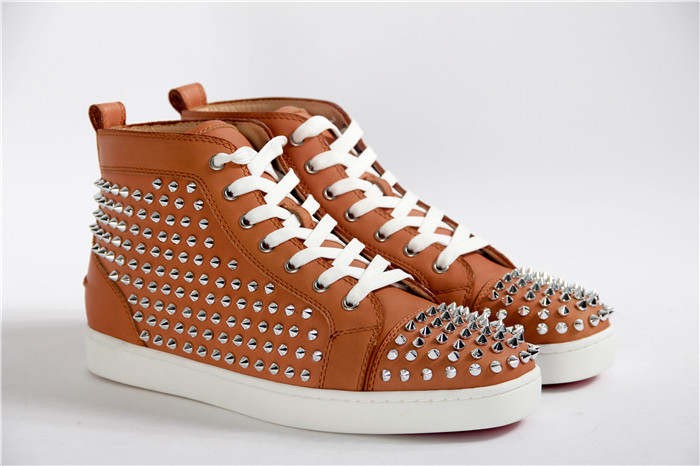 High Quality Christian Louboutin Louis Spike Men Flat High Top Noisette Sneaker Glossy Red Sole