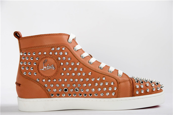 High Quality Christian Louboutin Louis Spike Men Flat High Top Noisette Sneaker Glossy Red Sole