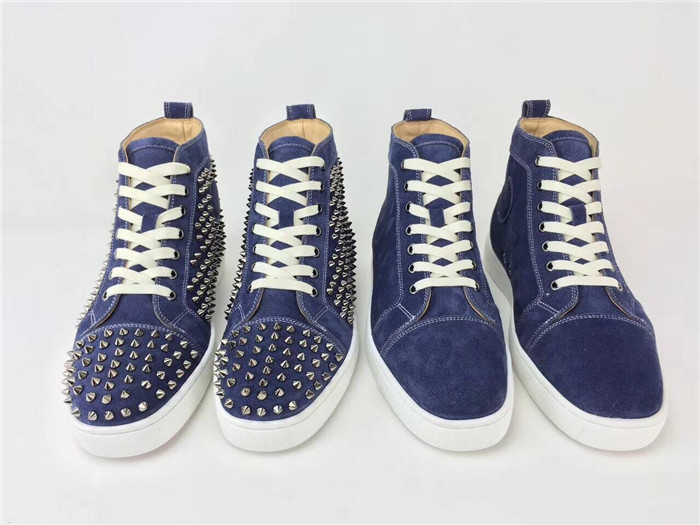 High Quality Christian Louboutin Louis Sliver Spikes Flat Suede High Top Sneakers Blue
