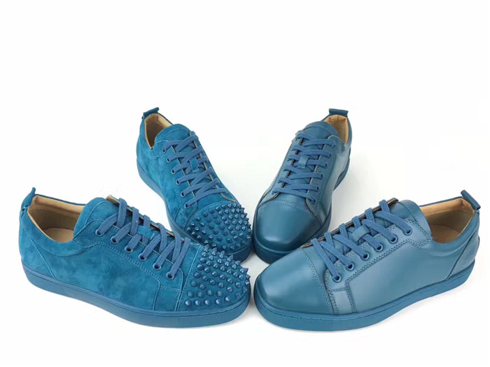 High Quality Christian Louboutin Louis Junior Spikes Flat Blue Suede Sneakers