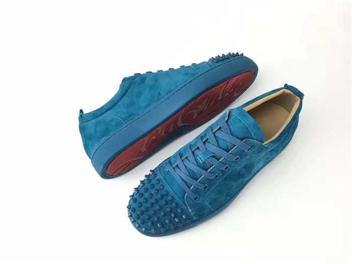 High Quality Christian Louboutin Louis Junior Spikes Flat Blue Suede Sneakers