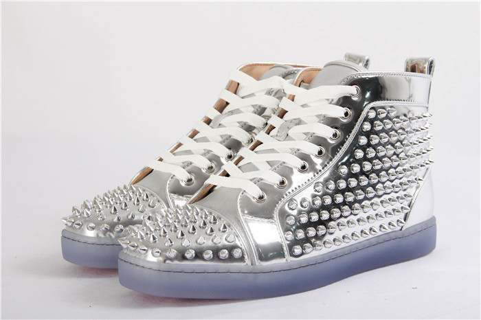 High Quality Christian Louboutin Louis Flat Leather High Top Silver Sneakers