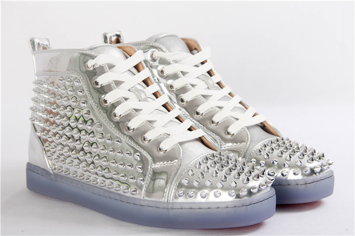 High Quality Christian Louboutin Louis Flat Leather High Top Silver Sneakers