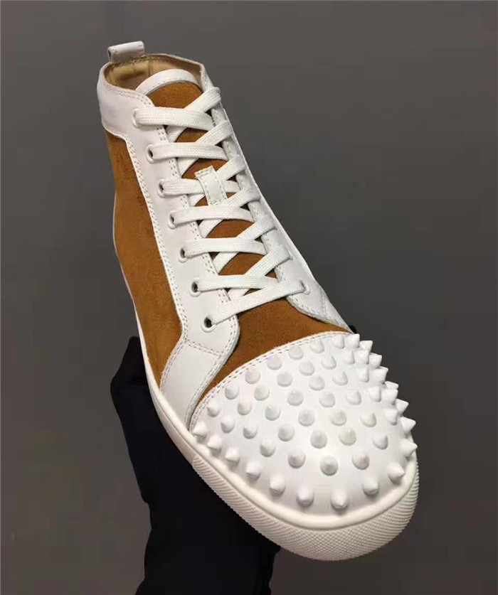 High Quality Christian Louboutin Lou Spikes Flat Latte Calf Sneakers