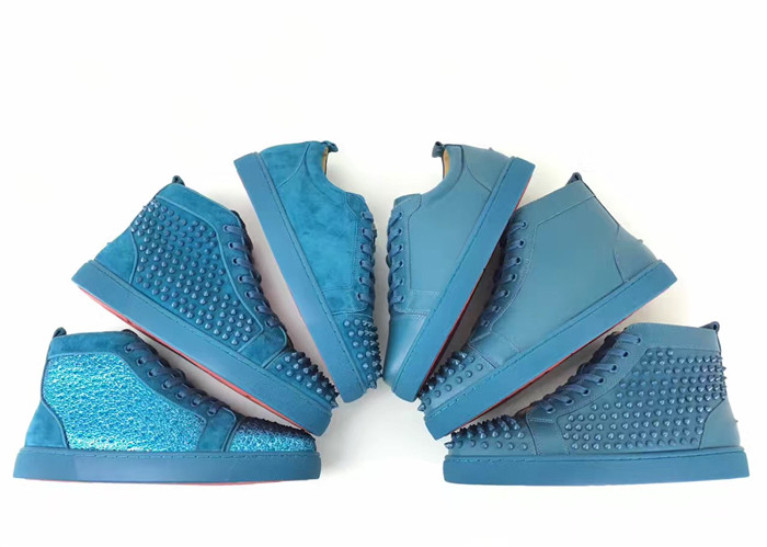 High Quality Christian Louboutin Lou Spikes Flat Blue Leather High Top Sneaker