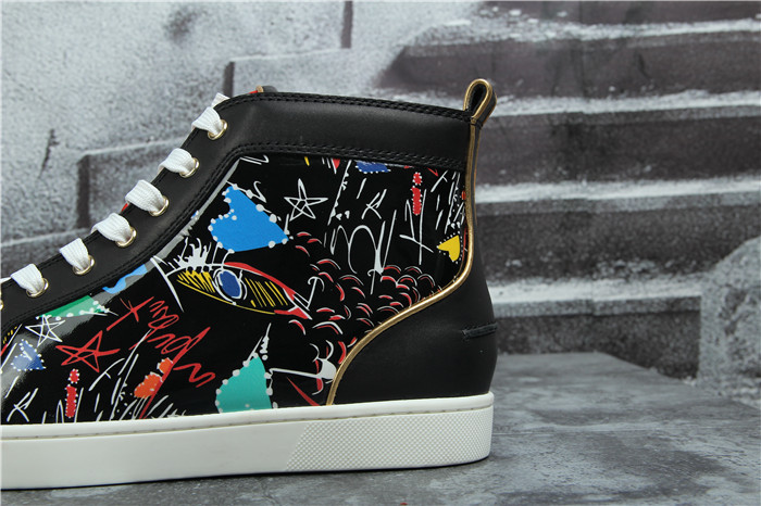 High Quality Christian Louboutin Hand Drawn Loubitag Black Leather High Top Sneakers