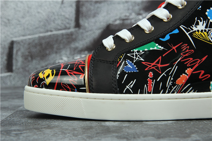 High Quality Christian Louboutin Hand Drawn Loubitag Black Leather High Top Sneakers