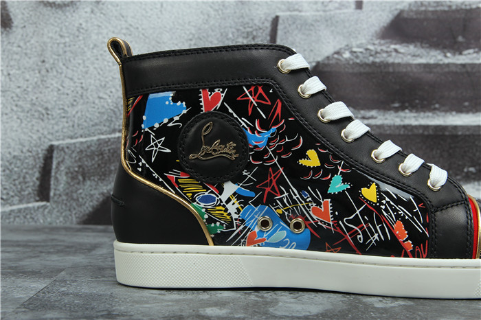 High Quality Christian Louboutin Hand Drawn Loubitag Black Leather High Top Sneakers