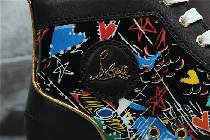 High Quality Christian Louboutin Hand Drawn Loubitag Black Leather High Top Sneakers