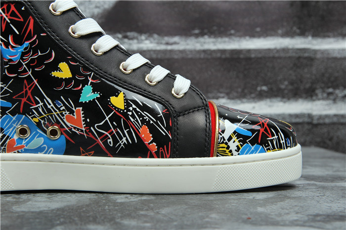 High Quality Christian Louboutin Hand Drawn Loubitag Black Leather High Top Sneakers