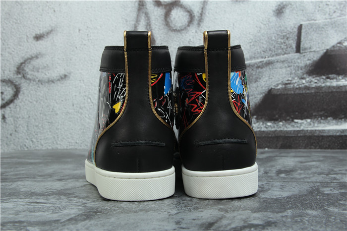 High Quality Christian Louboutin Hand Drawn Loubitag Black Leather High Top Sneakers