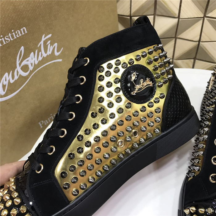High Quality Christian Louboutin Gold Lou Spikes Sequins High Top Sneakers