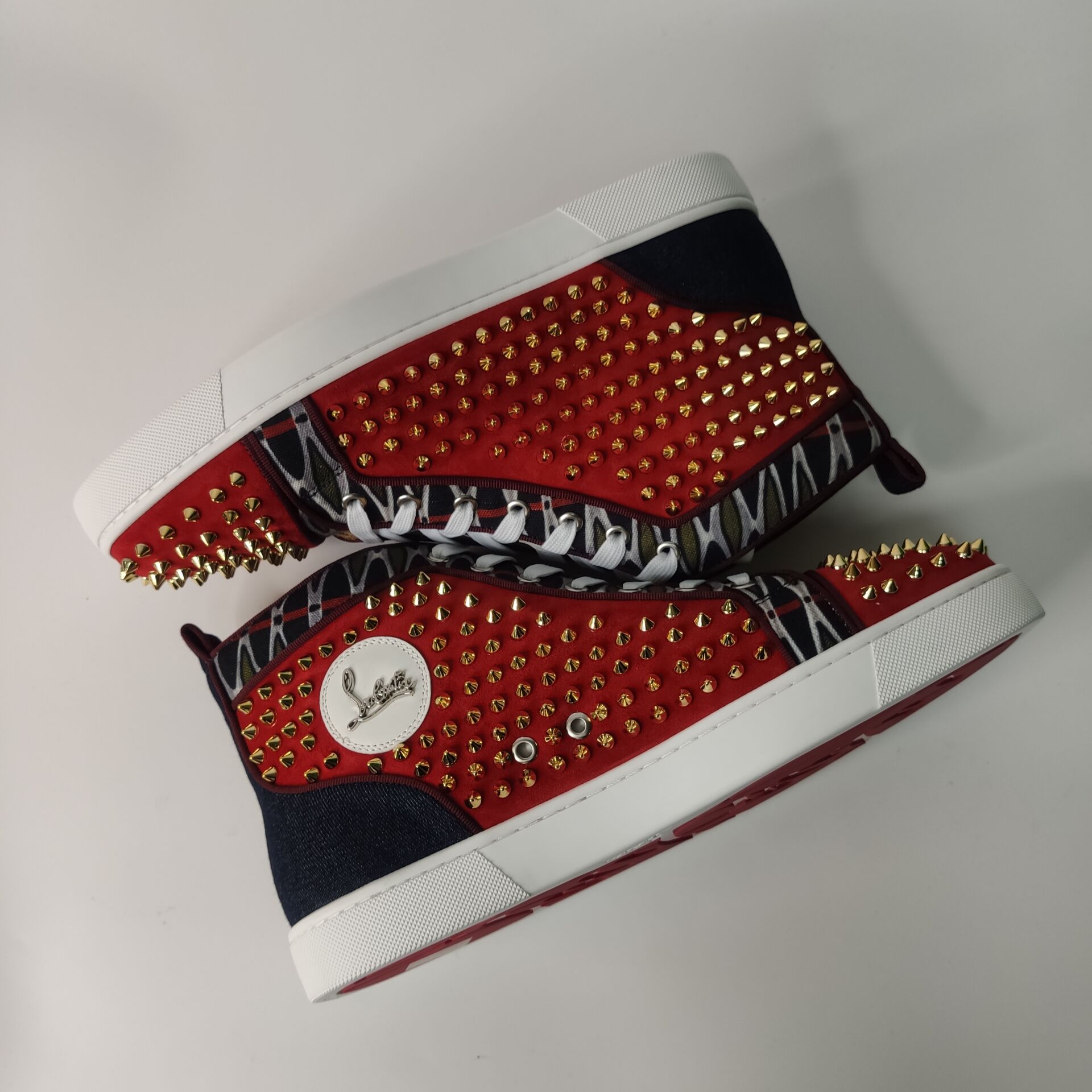 High Quality Christian Louboutin Flat Red Suede Golden Spikes High Top Sneakers