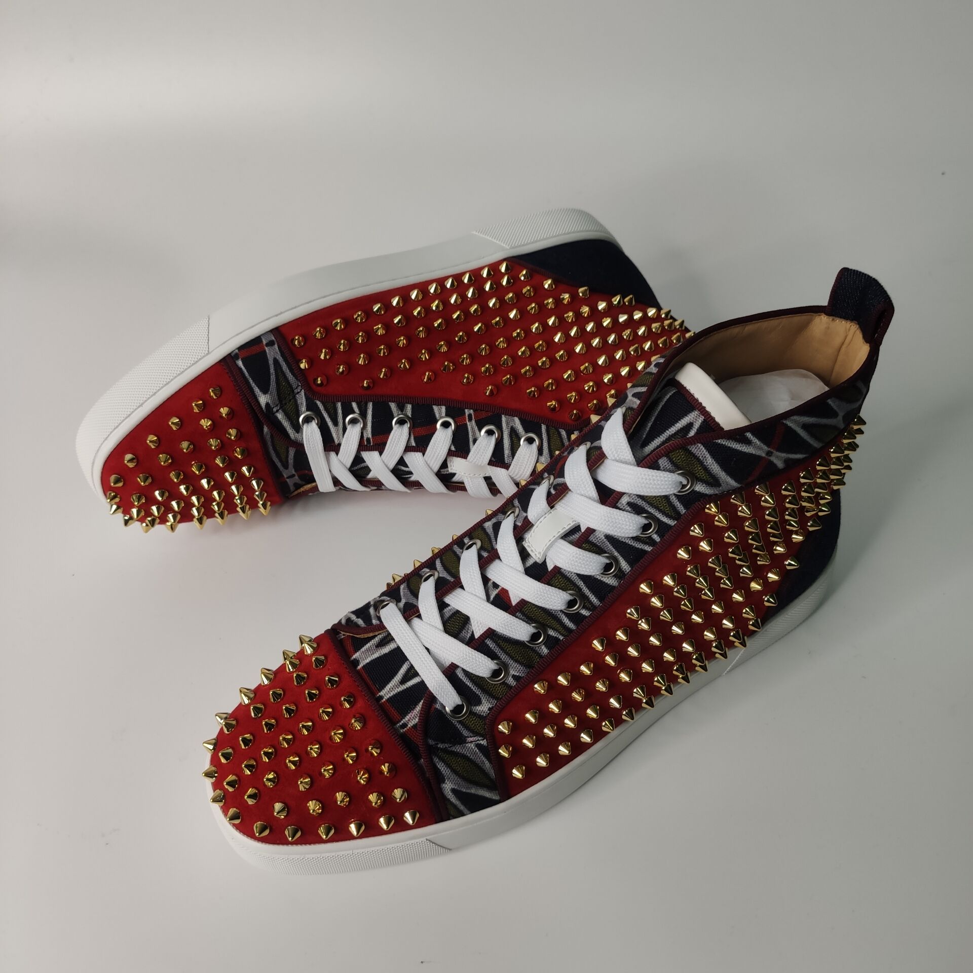 High Quality Christian Louboutin Flat Red Suede Golden Spikes High Top Sneakers