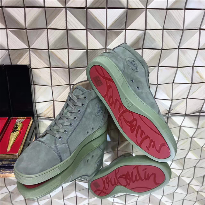 High Quality Christian Louboutin Flat Grey Green Suede High Top Sneakers