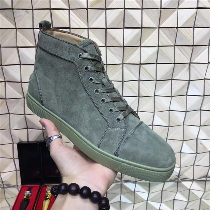 High Quality Christian Louboutin Flat Grey Green Suede High Top Sneakers