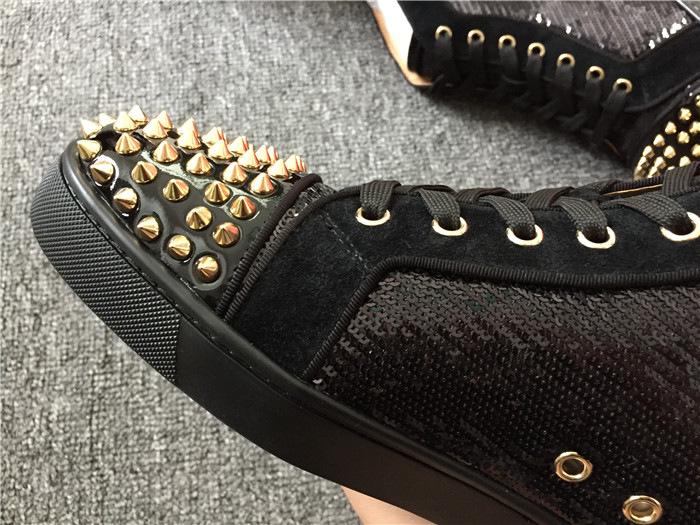 High Quality Christian Louboutin Flat Black Gold Spike High Top Sneakers