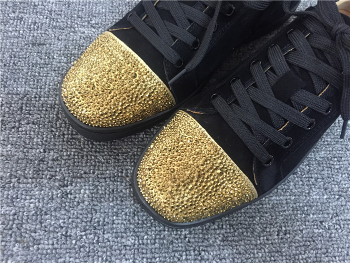 High Quality Christian Louboutin Black Low Top Suede Gold Sneakers For Men