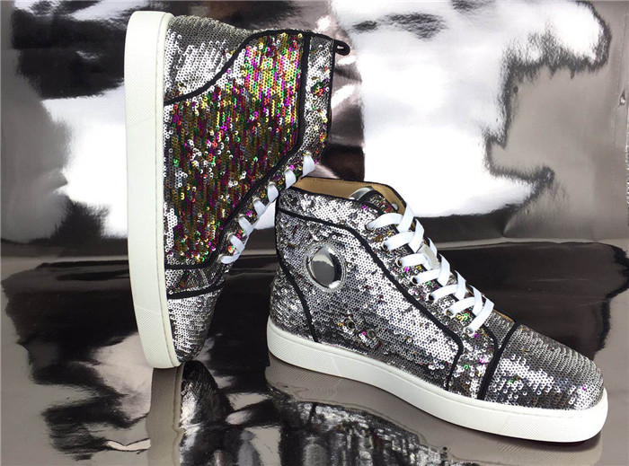 High Quality Christian Louboutin Bip Bip Orlato Silver Sequin High Top Sneakers