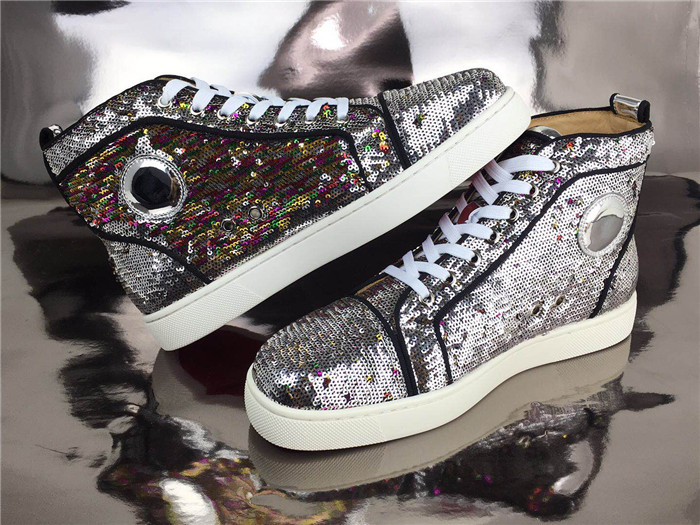High Quality Christian Louboutin Bip Bip Orlato Silver Sequin High Top Sneakers