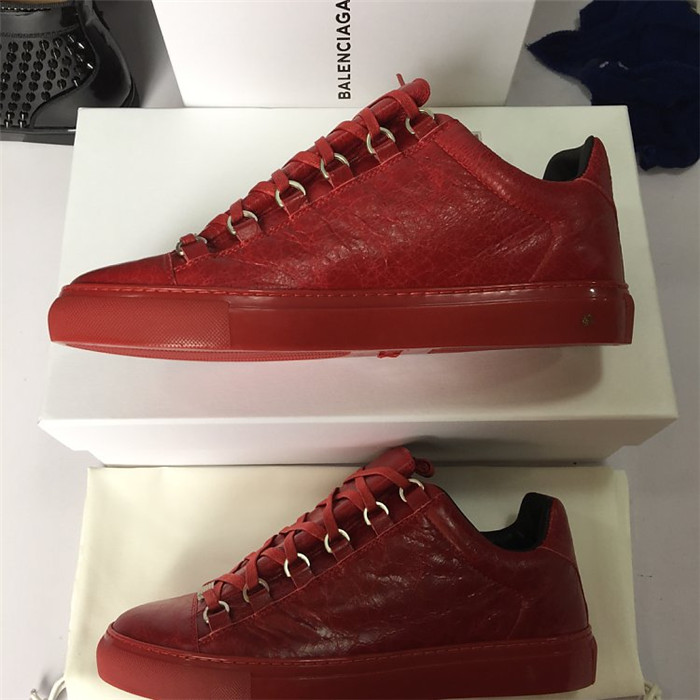 High Quality Black Insole  New Balenciaga Arena Red Low Top Creased Leather Sneakers