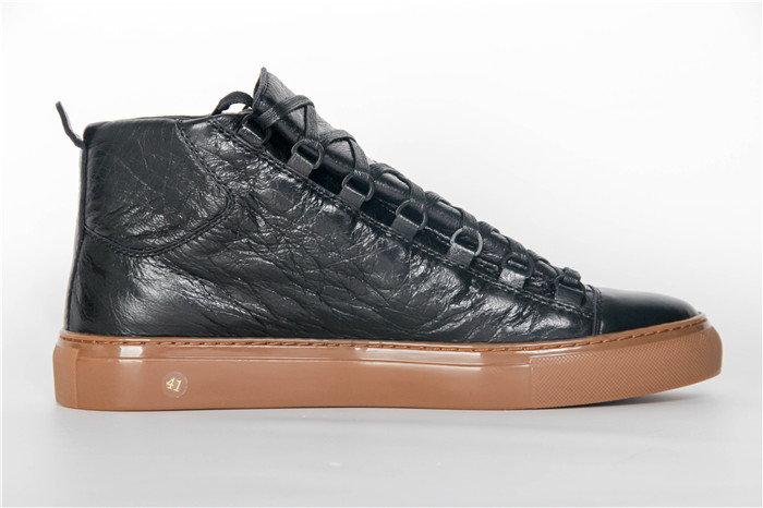 High Quality Balenciaga Arena Black Creased Leather Brown Sole Sneakers