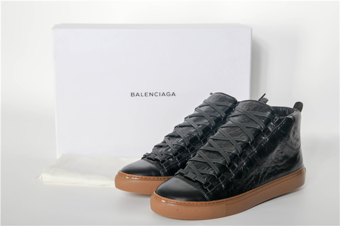 High Quality Balenciaga Arena Black Creased Leather Brown Sole Sneakers