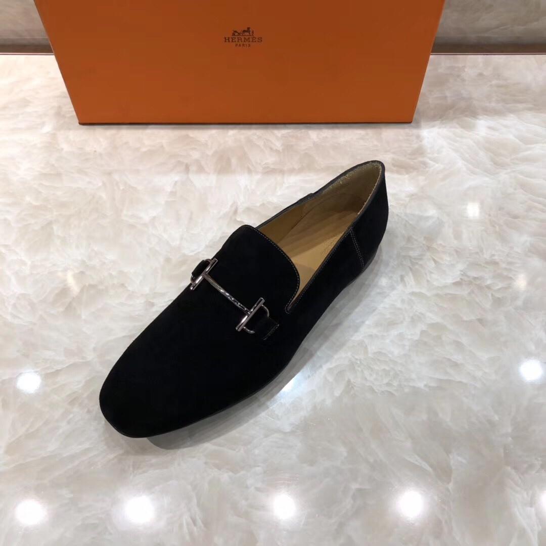 Hermes Black Suede leather Perfect Quality Loafers With Silver Buckle MS07791