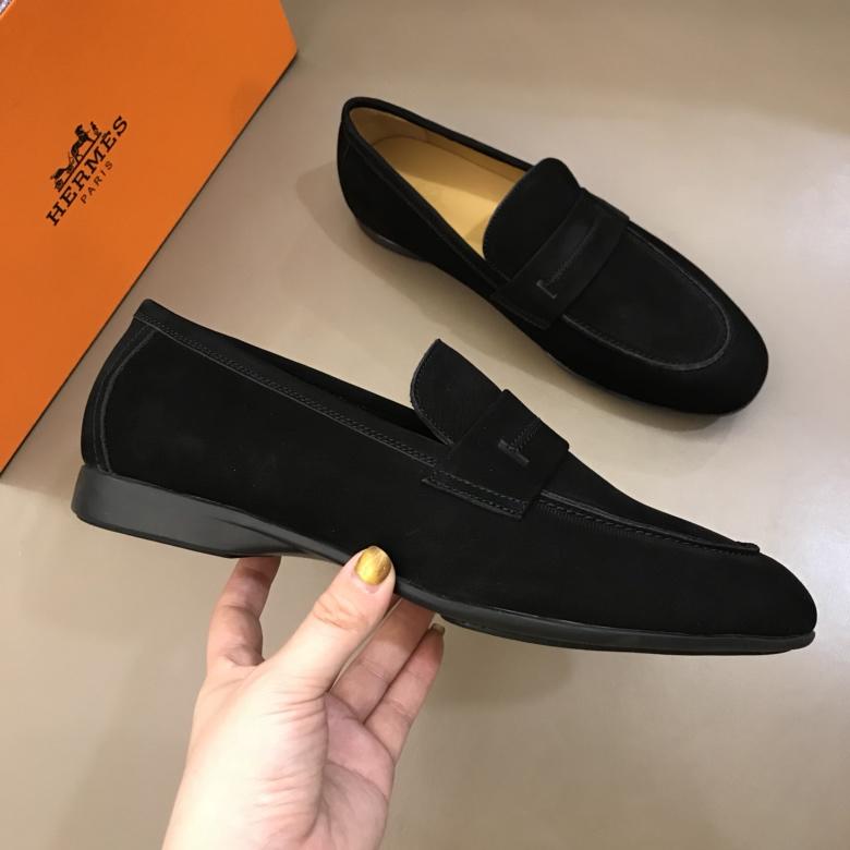 Hermes Black Suede Leather Loafers With Silver Buckle MS02728